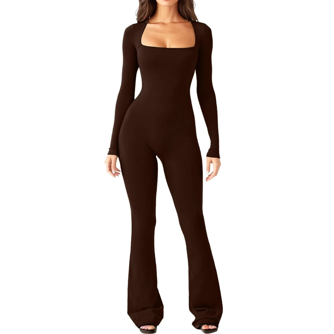 Damen figurbetontes Jumpsuit mit quadratischem Ausschnitt, langen Ärmeln und ausgestellt Bein Shop Nory