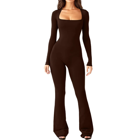 Damen figurbetontes Jumpsuit mit quadratischem Ausschnitt, langen Ärmeln und ausgestellt Bein Shop Nory
