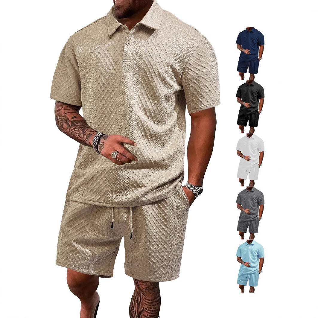 Herren nan geprägtes Waffel-Polo mit Kentkragen und elastischer Tunnelzugshorts im Set