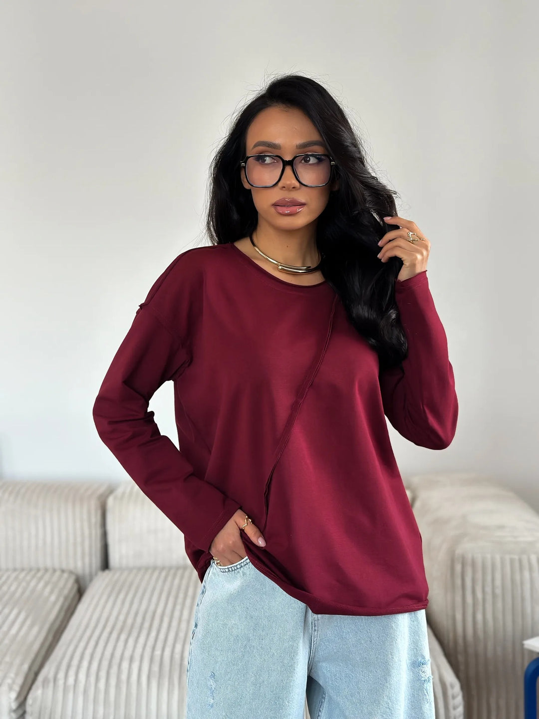 Damen Oversized Longsleeve mit schräger Naht und überschnittenen Schultern Shop Nory
