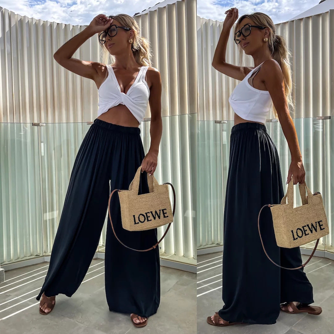 Damen weit geschnittene Palazzo-Hose mit hohem elastischem Bund und fließendem Jersey Shop Nory