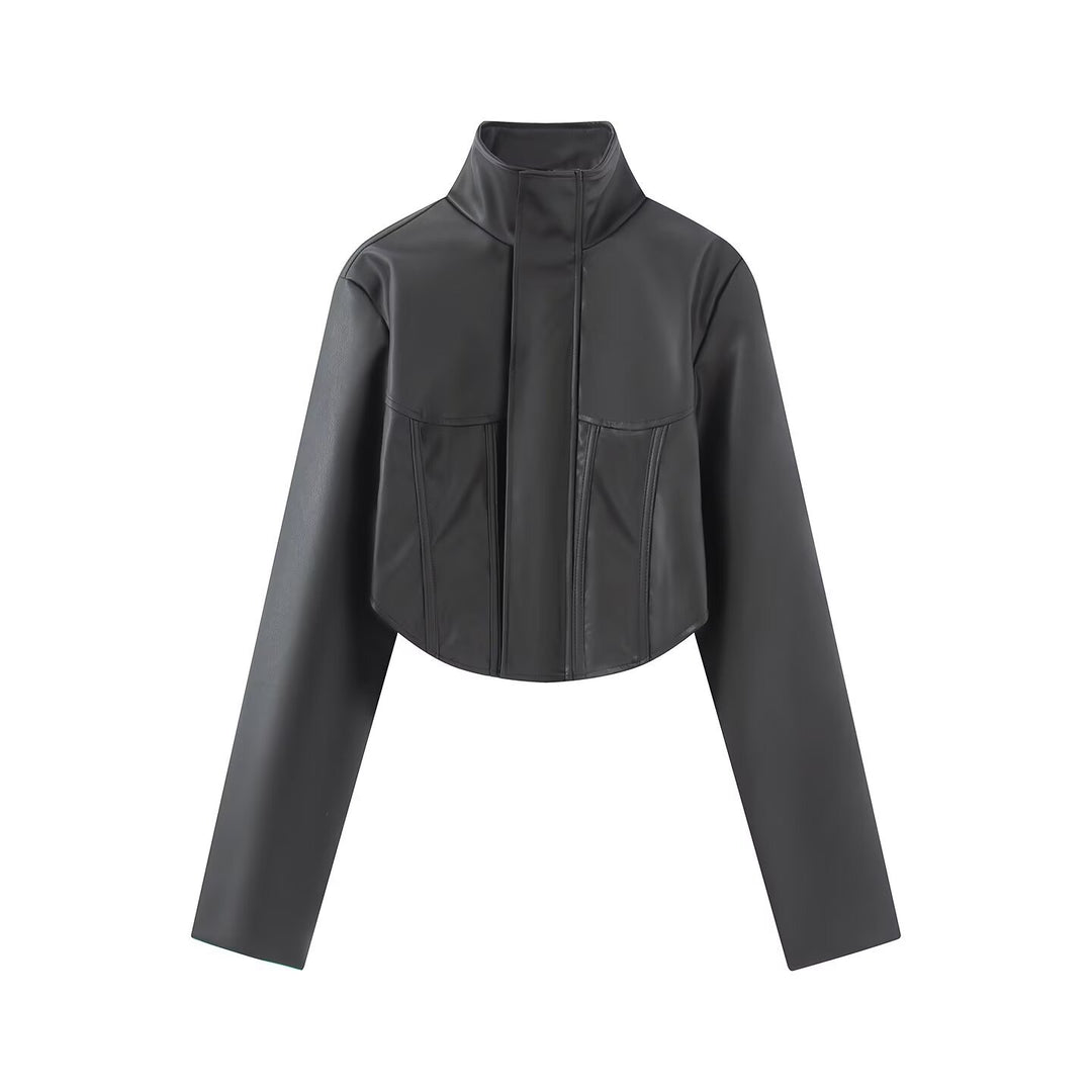 Damen Gekürzte Kunstleder-Jacke mit Stehkragen und taillierten Teilungsnähten Shop Nory