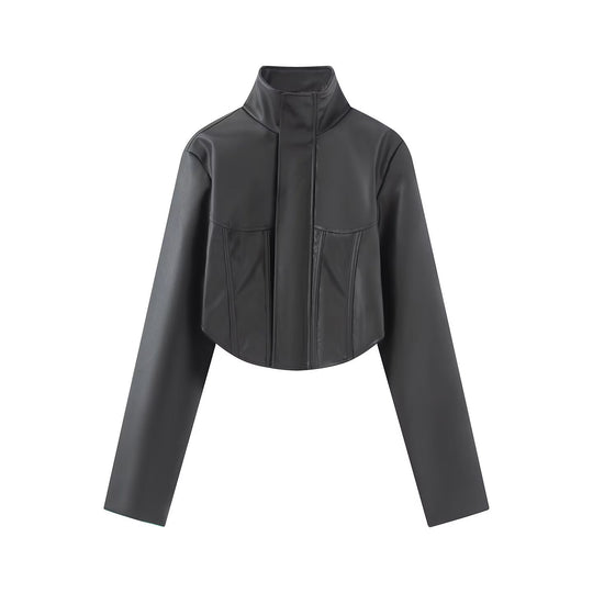 Damen Gekürzte Kunstleder-Jacke mit Stehkragen und taillierten Teilungsnähten Shop Nory