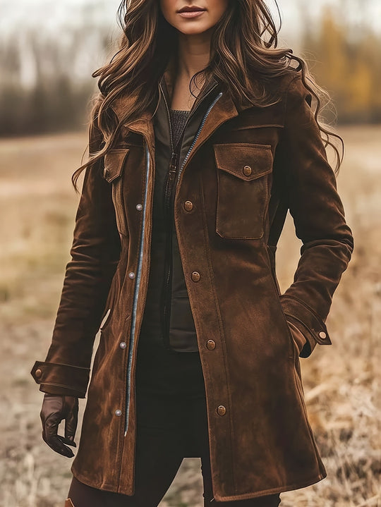 Damen Langjacke aus Veloursleder mit Utility-Taschen und verdecktem Reißverschluss Shop Nory