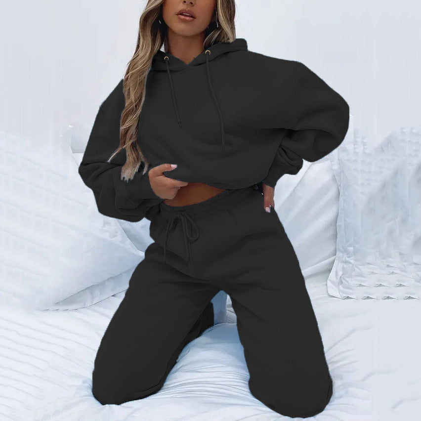 Damen kuscheliges Cropped-Kapuzen-Lounge-Set mit hochgeschnittener Tunnelzug-Jogginghose Shop Nory