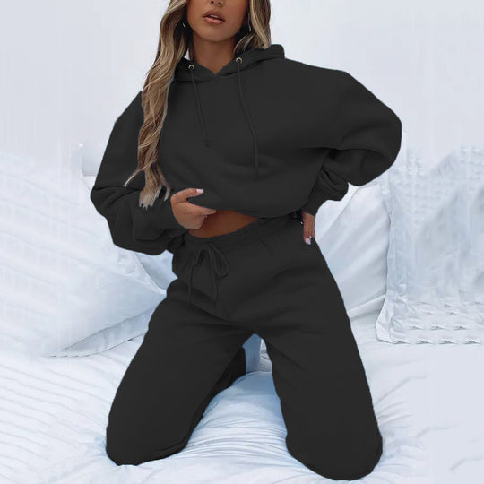 Damen kuscheliges Cropped-Kapuzen-Lounge-Set mit hochgeschnittener Tunnelzug-Jogginghose Shop Nory