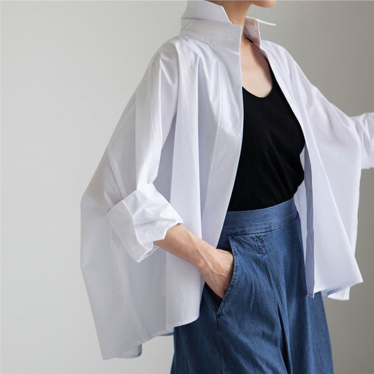 Damen weite Popeline-Bluse mit kastigem Schnitt und überschnittenen Ärmeln Shop Nory