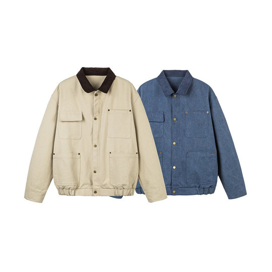 Unisex Kurz geschnittene Canvas-Fieldjacke mit Cordkragen und vier aufgesetzten Taschen Shop Nory