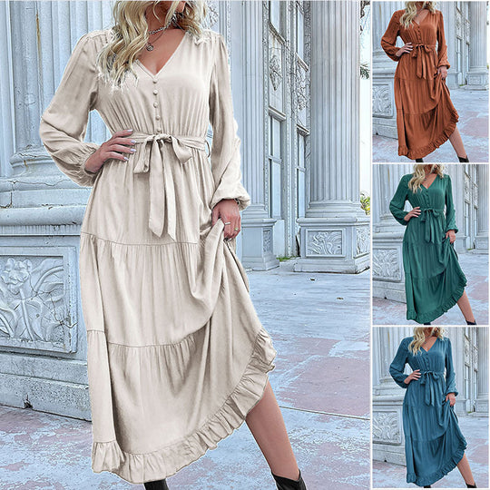 Damen Langes Satin‑Optik Stufenkleid mit V‑Ausschnitt, Bindegürtel und Volantsaum Shop Nory