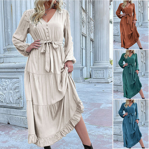 Damen Langes Satin‑Optik Stufenkleid mit V‑Ausschnitt, Bindegürtel und Volantsaum Shop Nory