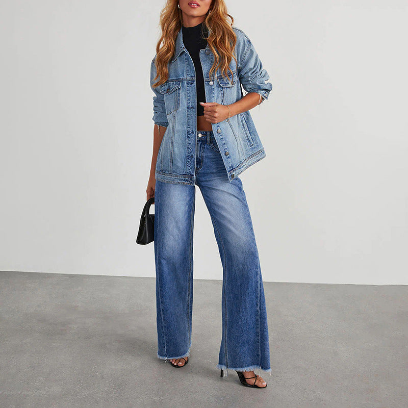 Damen High-Waist Schlagjeans mit weitem Bein und ausgefranstem Saum Shop Nory