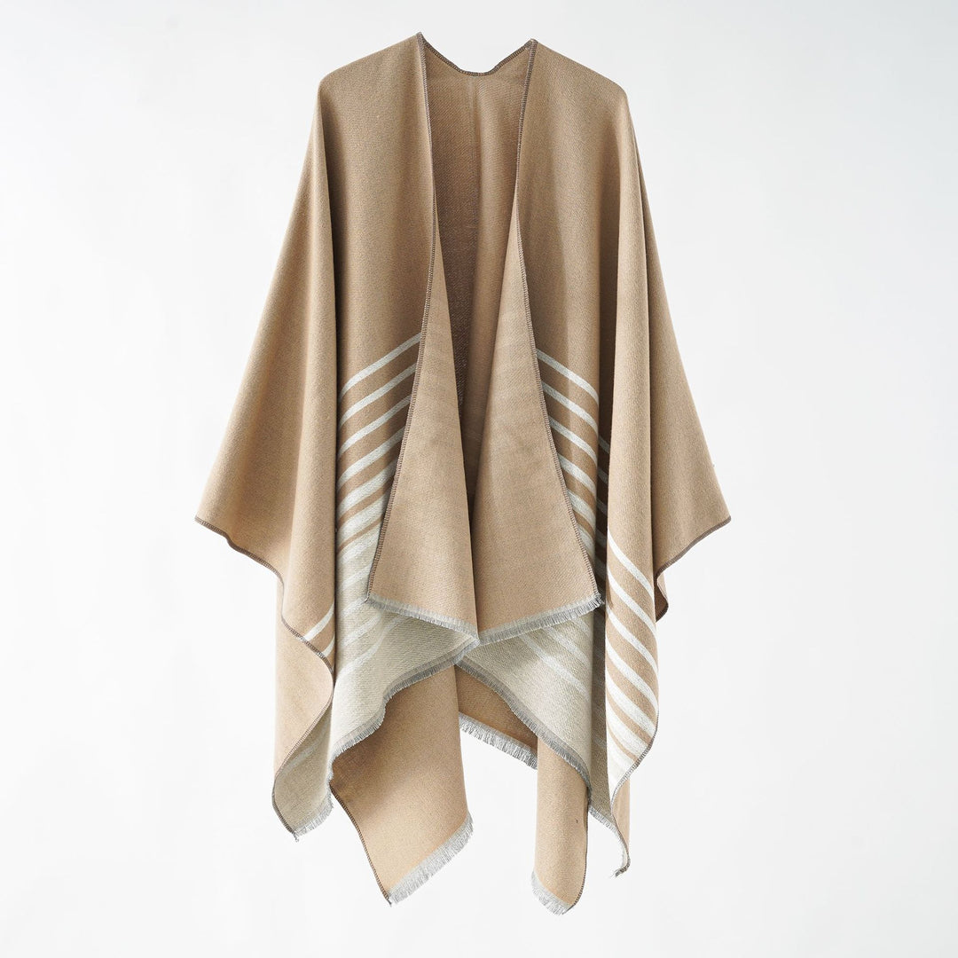 Damen Oversize-Umhangponcho im kastigen Fall mit diagonalem Streifenpanel und feinfransigem Saum Shop Nory