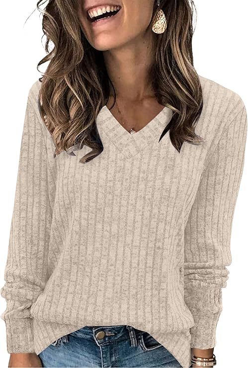 Damen Gerippter V‑Ausschnitt Feinstrickpullover mit lässiger Oversize-Passform Shop Nory