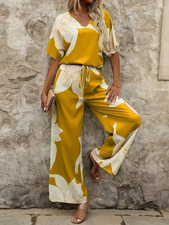 Damen luftiger Hosenanzug mit floralem Print und elastischem Bund