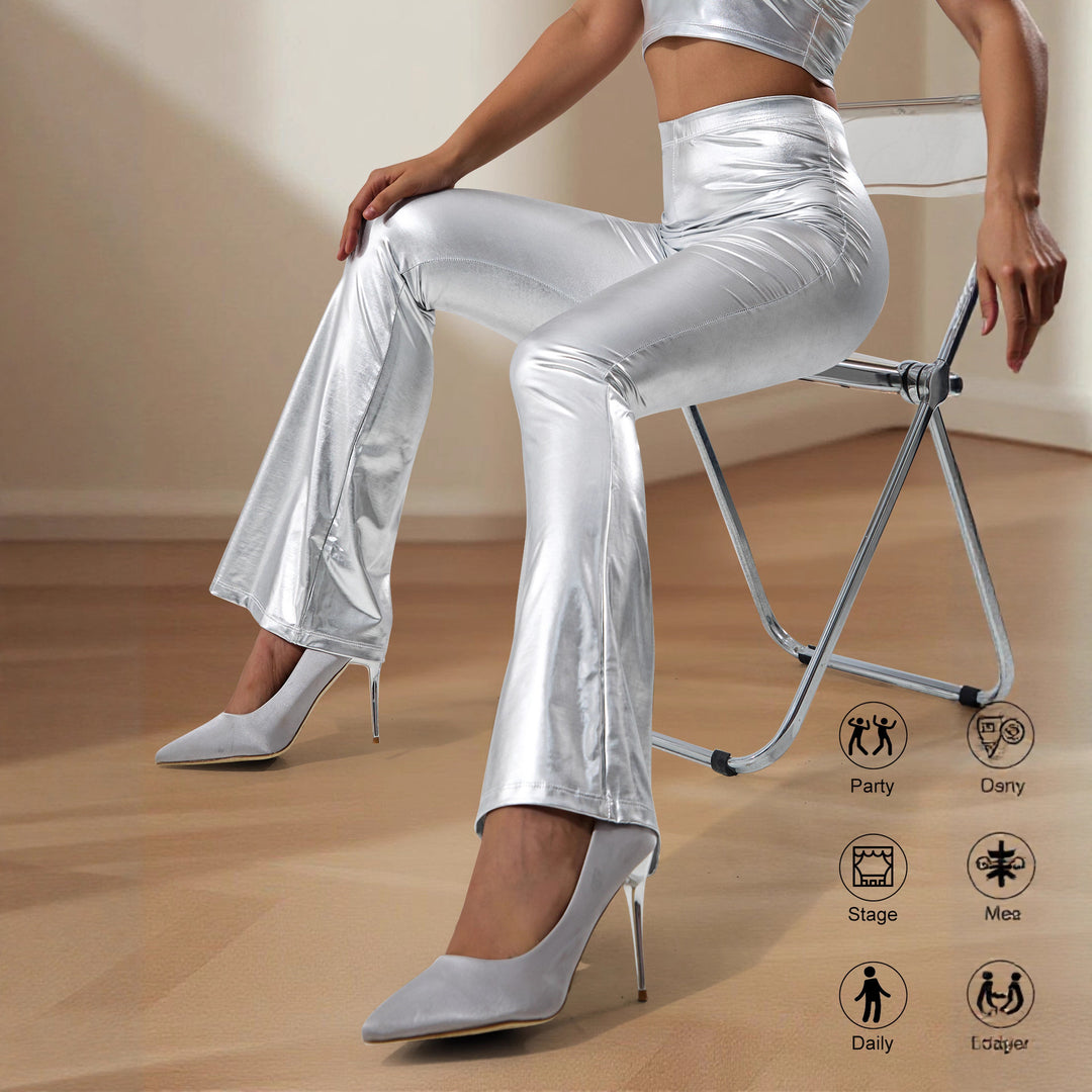 Damen High-Waist Metallic-Schlaghose mit formendem Stretchbund und eleganter Bootcut-Passform Shopy Nory
