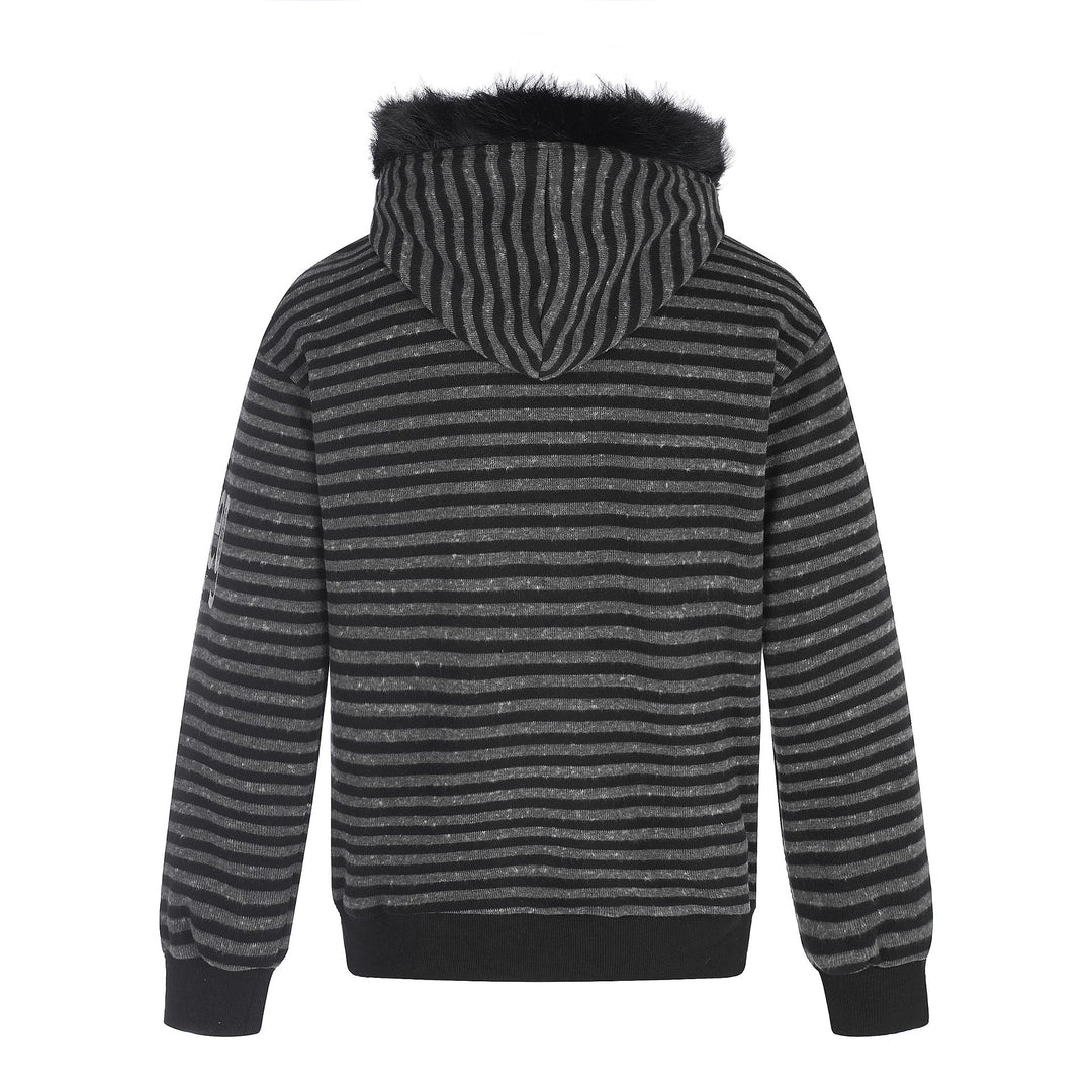 Unisex Kapuzenzipjacke mit Kunstfellbesatz, Streifenmuster und Frontprint Shop Nory