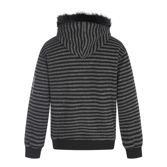 Unisex Kapuzenzipjacke mit Kunstfellbesatz, Streifenmuster und Frontprint Shop Nory