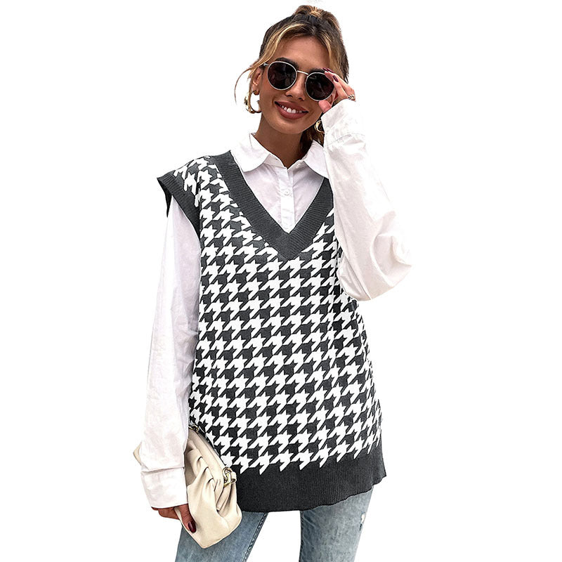 Damen Hochwertiger Strickpullover mit V-Ausschnitt und Hahnentrittmuster Shop Nory