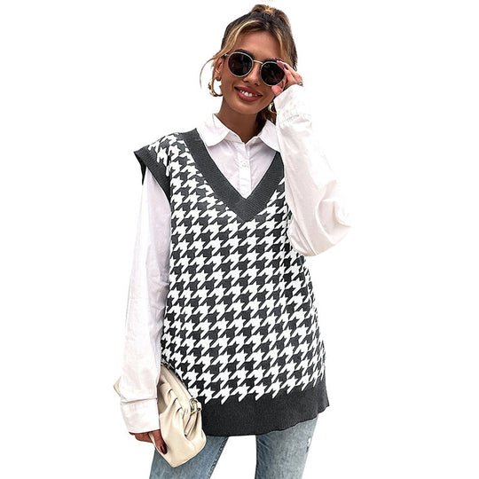 Damen Hochwertiger Strickpullover mit V-Ausschnitt und Hahnentrittmuster Shop Nory