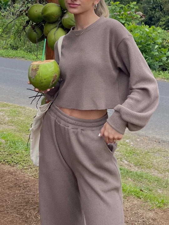 Damen geripptes Cropped-Lounge-Set mit Ballonärmeln und High-Waist Palazzo-Hose Shop Nory