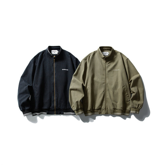 Unisex Kastig geschnittene Baumwoll-Canvas Bomberjacke mit Stehkragen und geripptem Saum Shop Nory