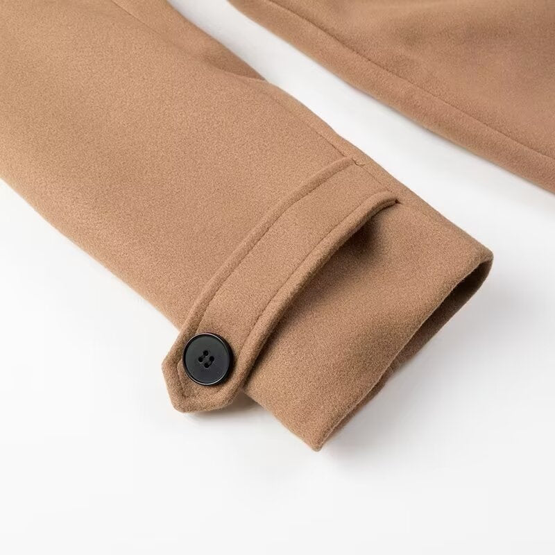 Damen Doppelreihiger Maxilanger Trenchcoat mit Bindegürtel und Cape-Überwurf Shop Nory