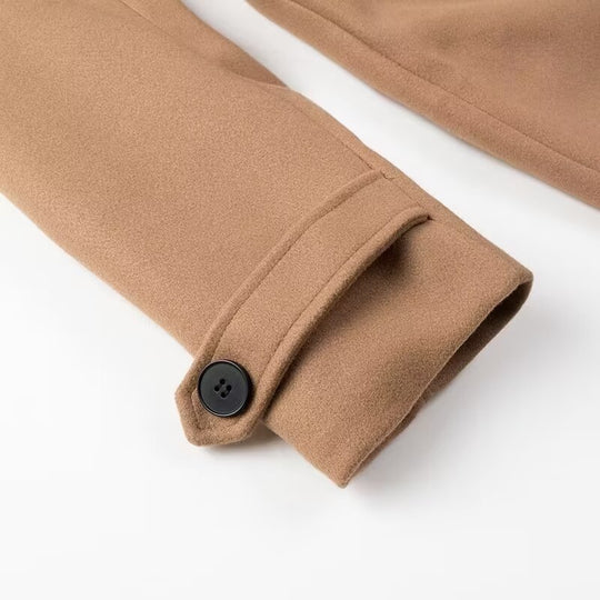 Damen Doppelreihiger Maxilanger Trenchcoat mit Bindegürtel und Cape-Überwurf Shop Nory