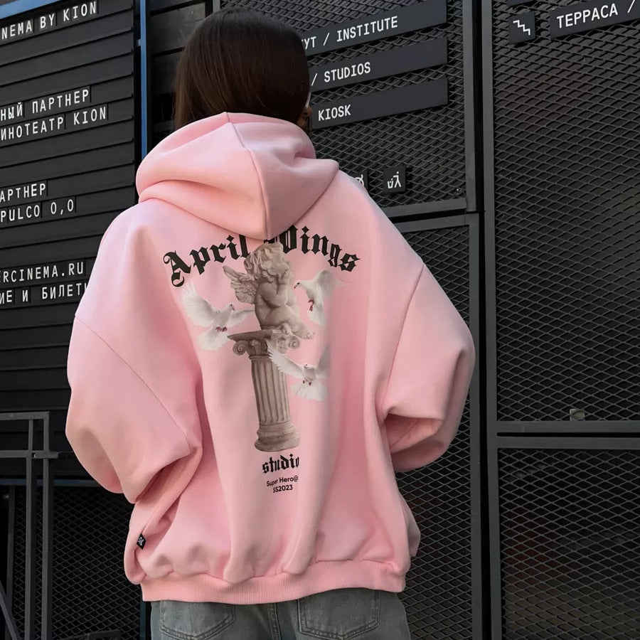 Damen oversized Kapuzenpullover mit Engels-Print und kunstvollem Rückendruck Shop Nory