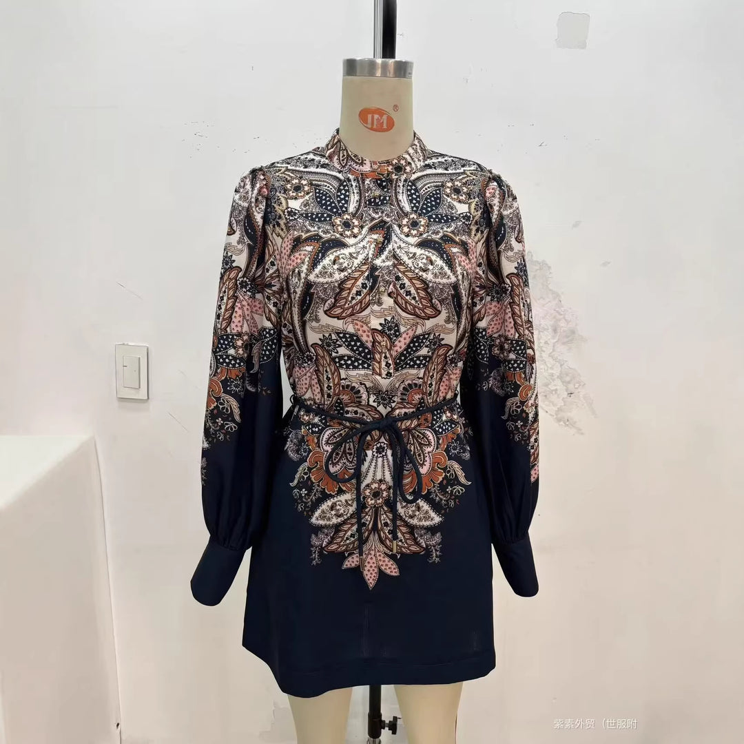 Damen Gemustertes Tunika-Kleid mit Bindegürtel, Stehkragen und Ballonärmeln Shop Nory