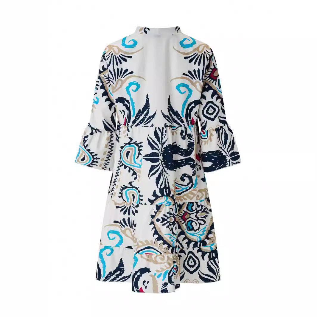 Damen Lässiges Stufenkleid mit Tellerrock und Trompetenärmeln Shop Nory
