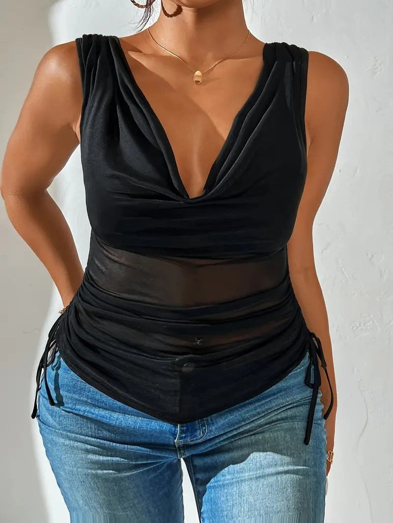 Damen Ärmelloses drapiertes V-Ausschnitt Top mit seitlicher Raffung Shop Nory