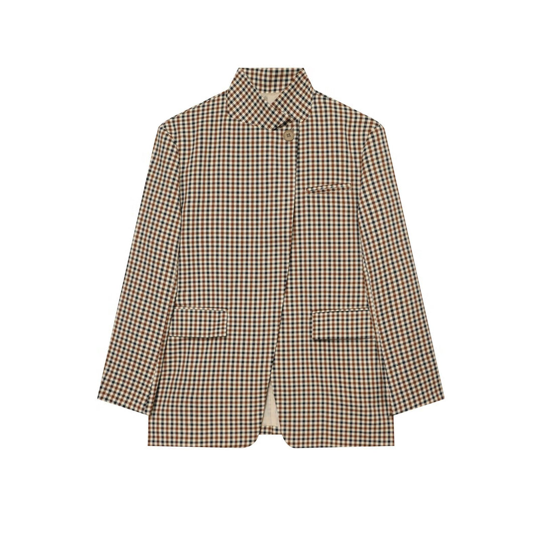 Damen Karierter Longblazer mit Stehkragen, verdeckter Knopfleiste und Pattentaschen Shop Nory