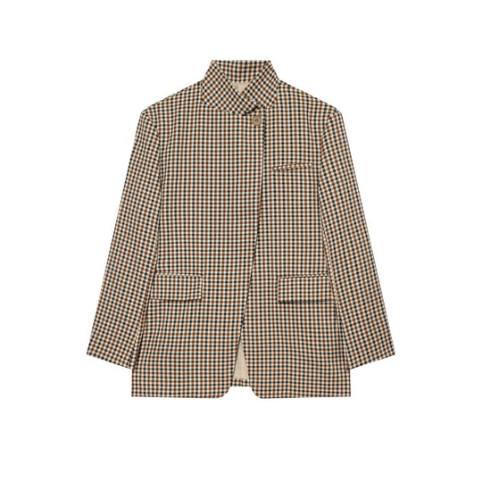 Damen Karierter Longblazer mit Stehkragen, verdeckter Knopfleiste und Pattentaschen Shop Nory