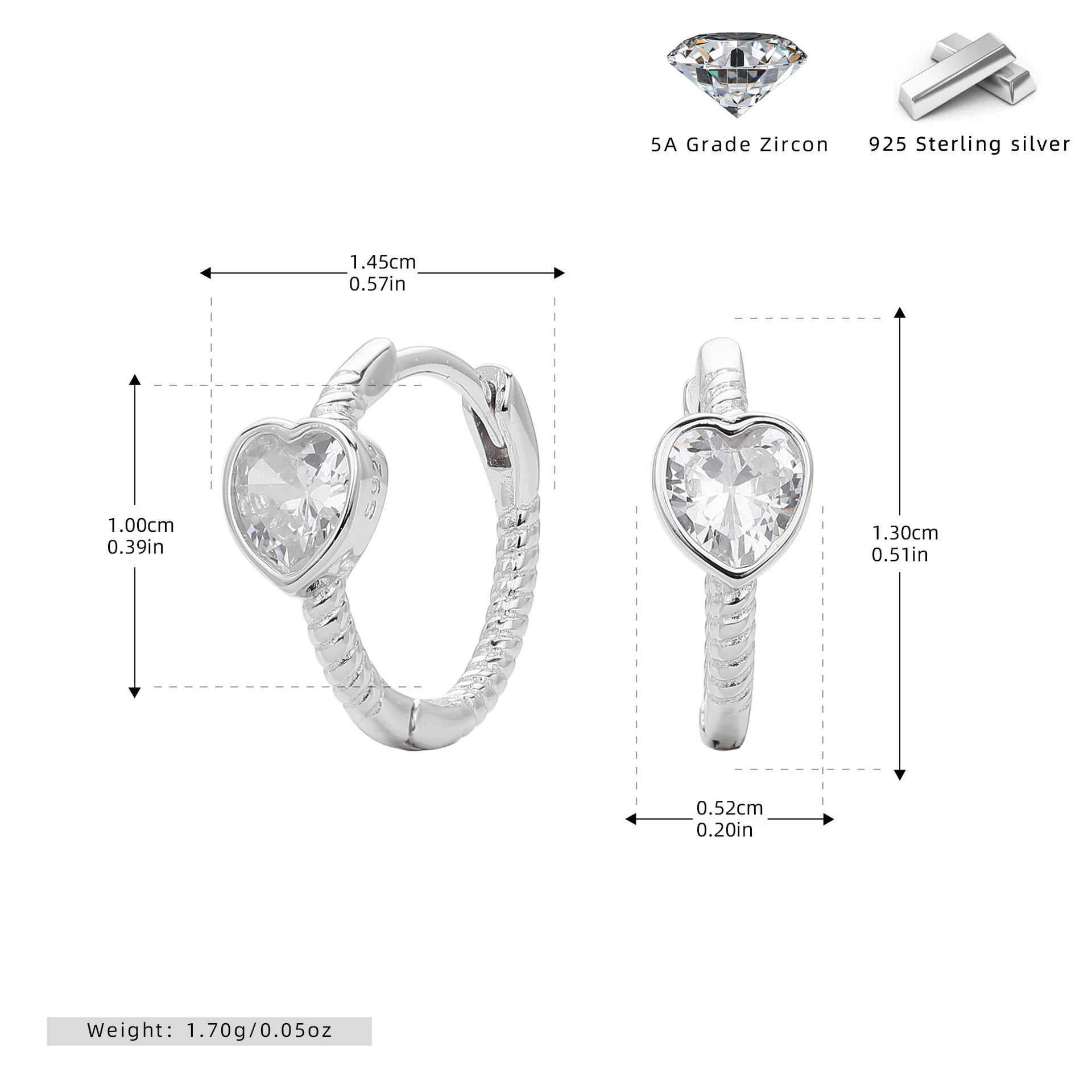 Damen Creolen mit herzförmigen Zirkon-Anhängern aus 925 Sterling Silber Shop Nory