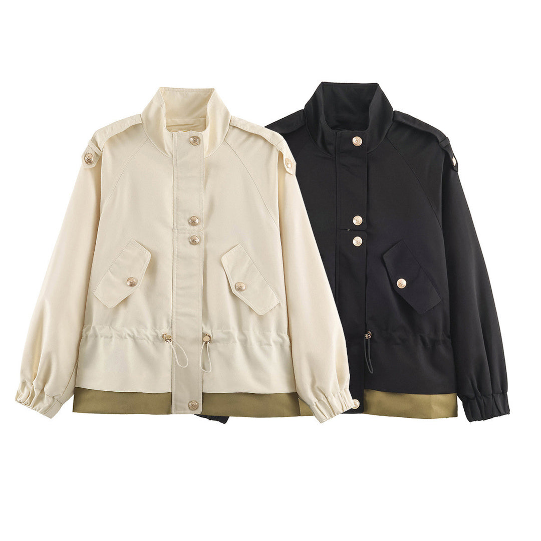 Damen leichte Utility-Jacke mit Tunnelzug-Taillenraffung, Stehkragen und Pattentaschen Shop Nory