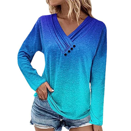 Damen Gerippter V-Ausschnitt Pullover mit Farbverlauf, Zierknöpfen und legerer Passform Shop Nory