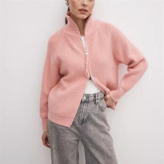 Damen Strickjacke mit hohem Kragen und Reißverschluss