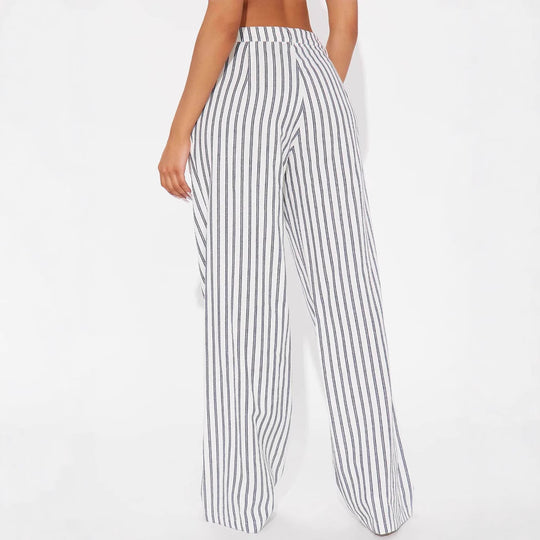 Damen Leinenoptik Palazzo-Hose mit hoher Taille und vertikalen Streifen Shop Nory
