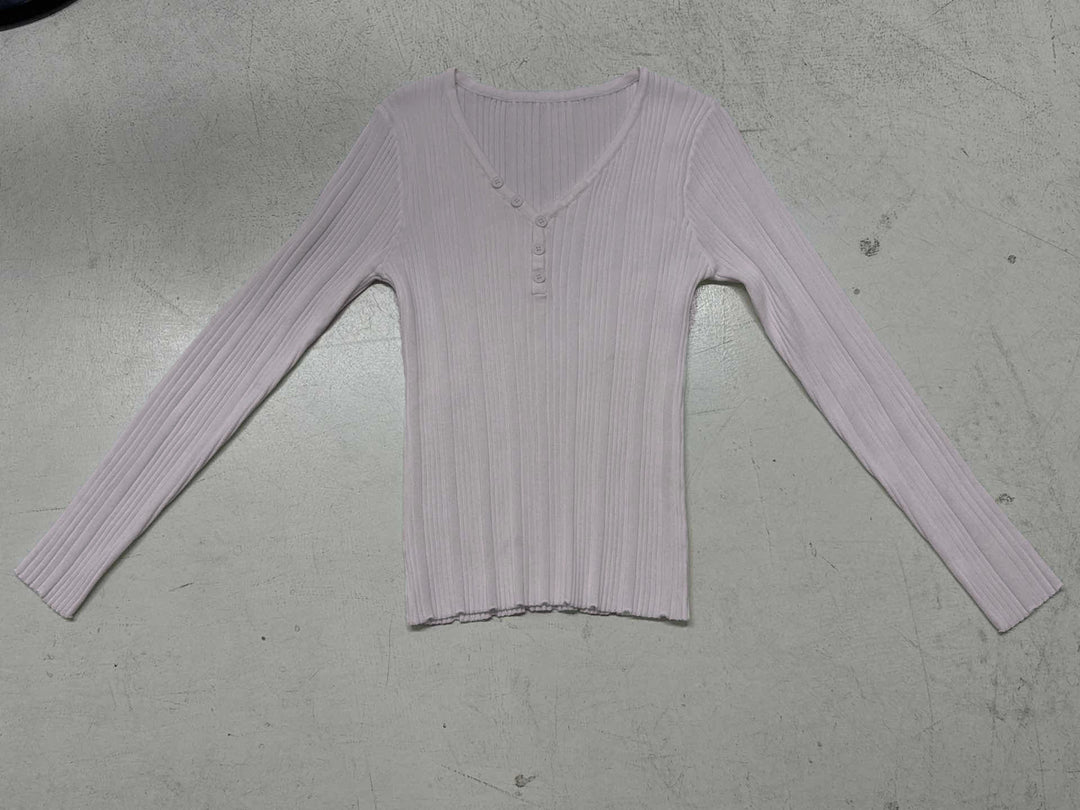 Damen nan feinstrukturierter Rippstrick-Longsleeve mit V-Ausschnitt, Henley-Knopfleiste und taillierter Passform Shop Nory