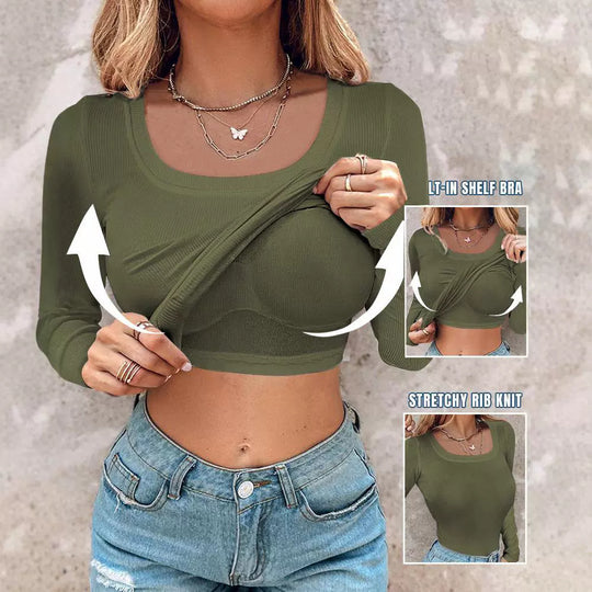Damen Cropped Rippenstrick Langarmshirt mit integriertem Bustier Shop Nory