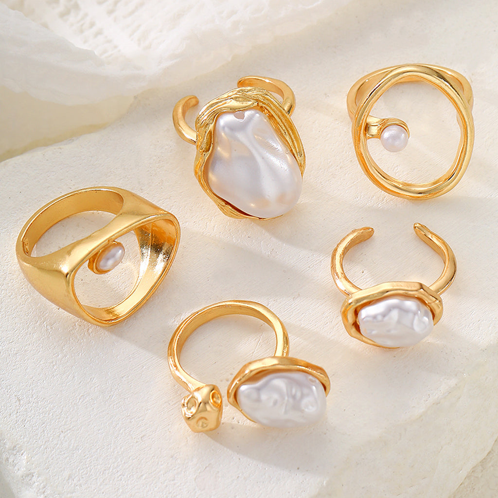 Damen Ring-Set mit einzigartigen Perlendesigns und modernem Goldrahmen Shop Nory
