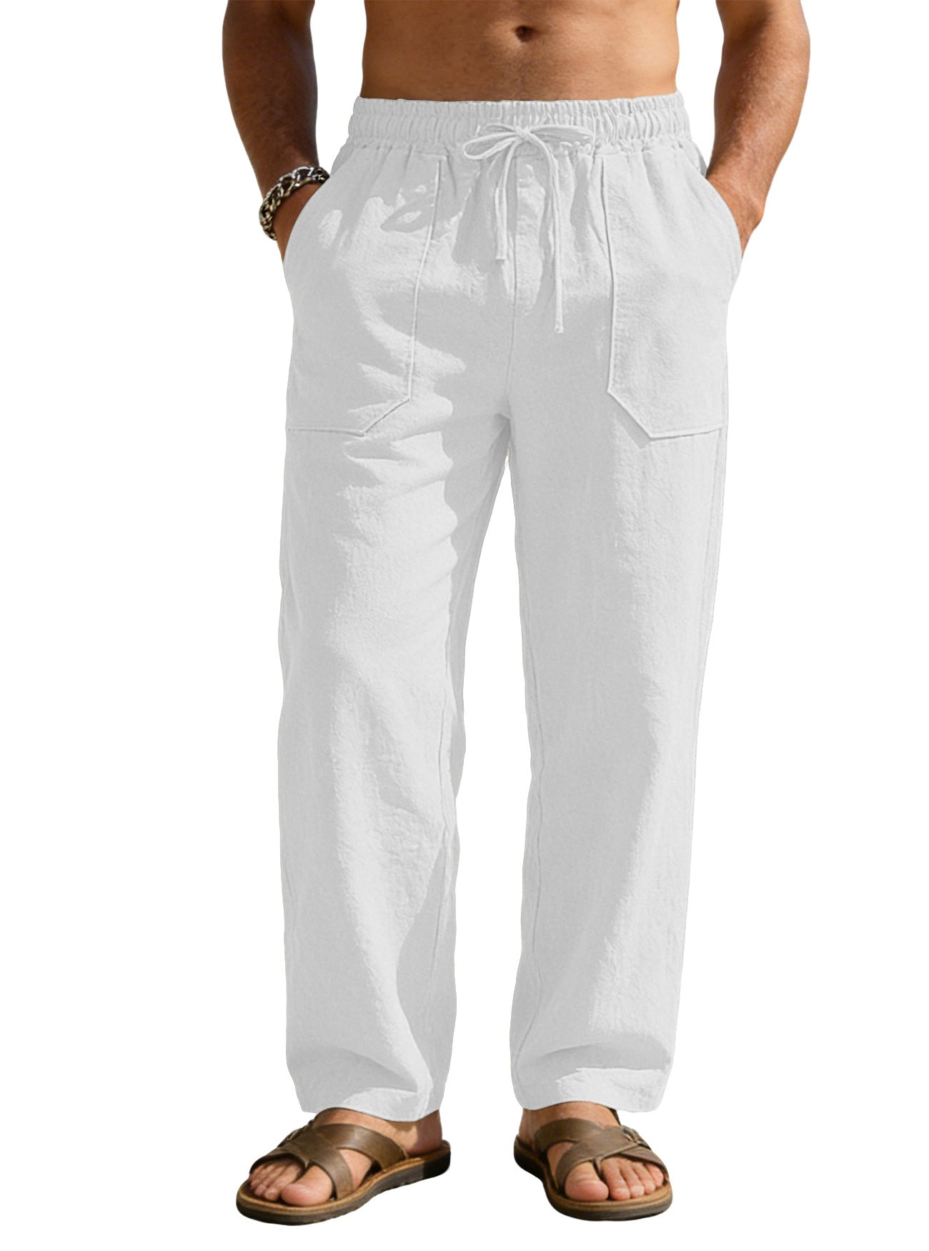 Herren nan weite Relaxhose aus Leinen-Mix mit Kordelbund und aufgesetzten Beintaschen Shopnory