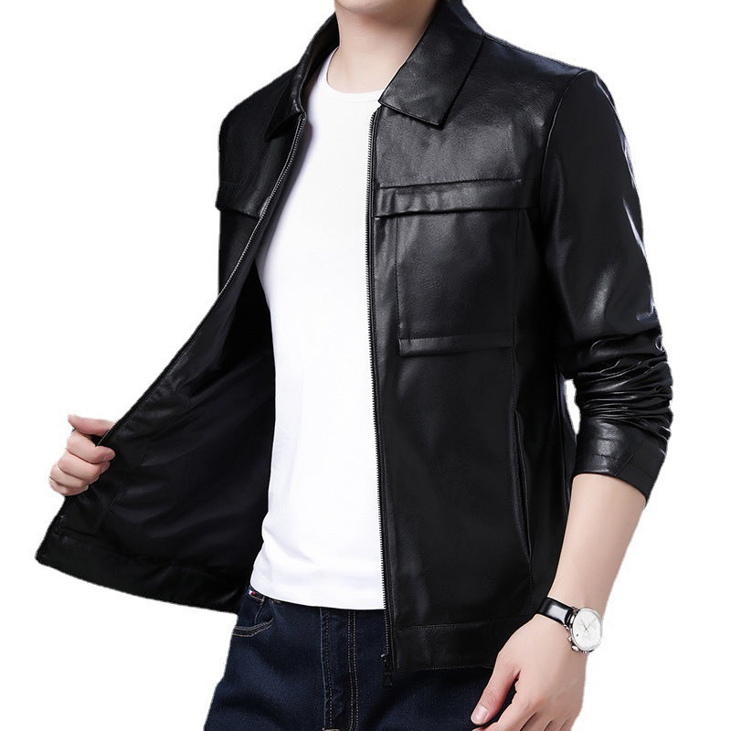Herren Slim‑Fit Lederoptik-Truckerjacke mit Hemdkragen, verdecktem Reißverschluss und Pattentaschen Shop Nory