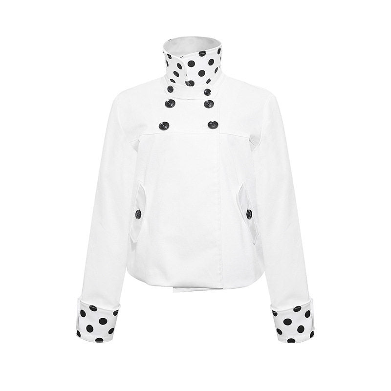 Damen Kurze Double-Breasted Jacke mit Stehkragen und Polka‑Dot-Futter Shop Nory