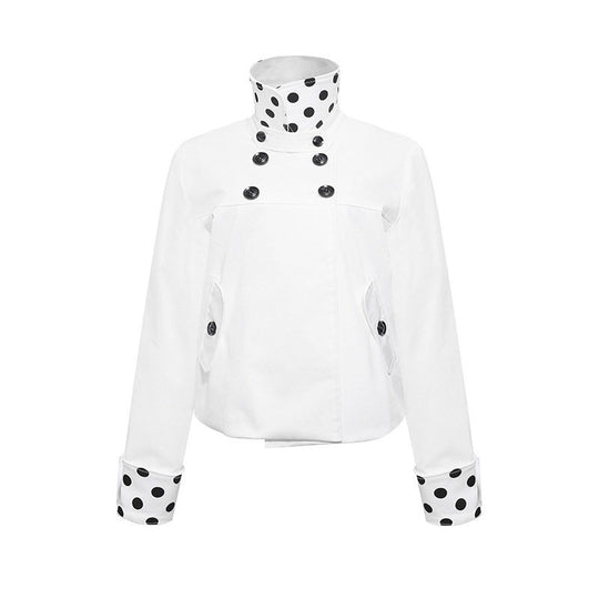 Damen Kurze Double-Breasted Jacke mit Stehkragen und Polka‑Dot-Futter Shop Nory