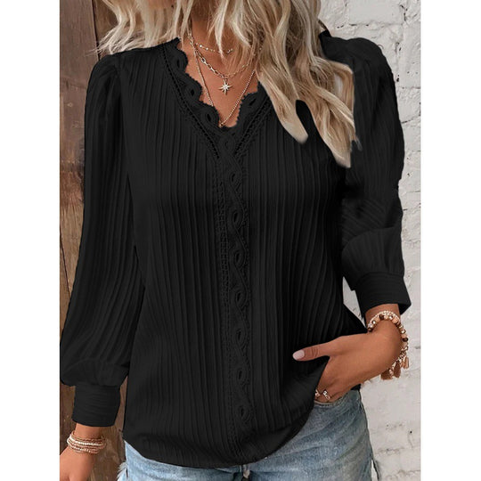 Damen Plissierte V‑Ausschnitt Bluse mit Spitzenbesatz und Ballonärmeln Shop Nory