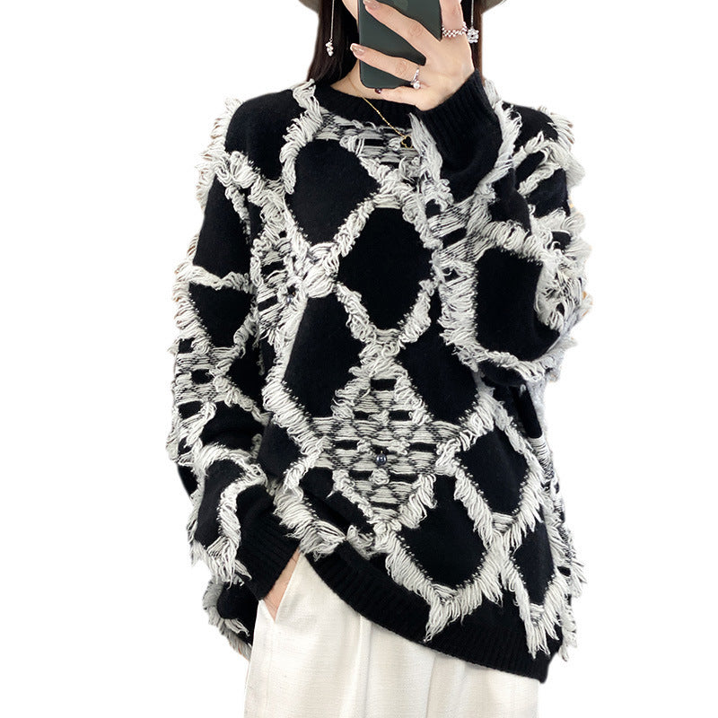 Damen Oversize-Strickpullover mit Fransen‑Diamantmuster und weicher Mohair‑Optik Shop Nory
