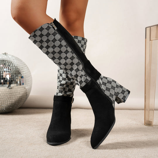 Damen kniehohe Stiefel mit Hahnentritt-Schaft, seitlichem Reißverschluss und komfortablem Blockabsatz Shop Nory