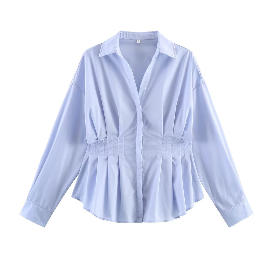 Damen Taillierte Bluse mit Kellerfalten, Eingearbeitetem Tunnelzug und Hemdkragen Shop Nory