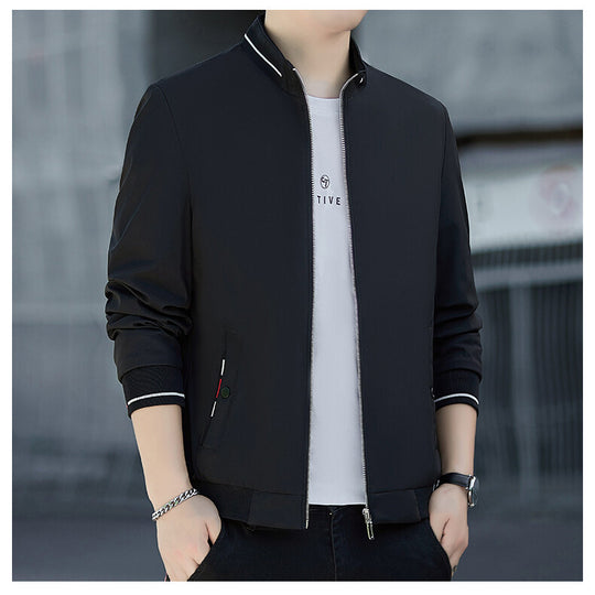 Herren Minimalistische Softshell-Bomberjacke mit Stehkragen und Kontraststreifen-Bündchen Shop Nory